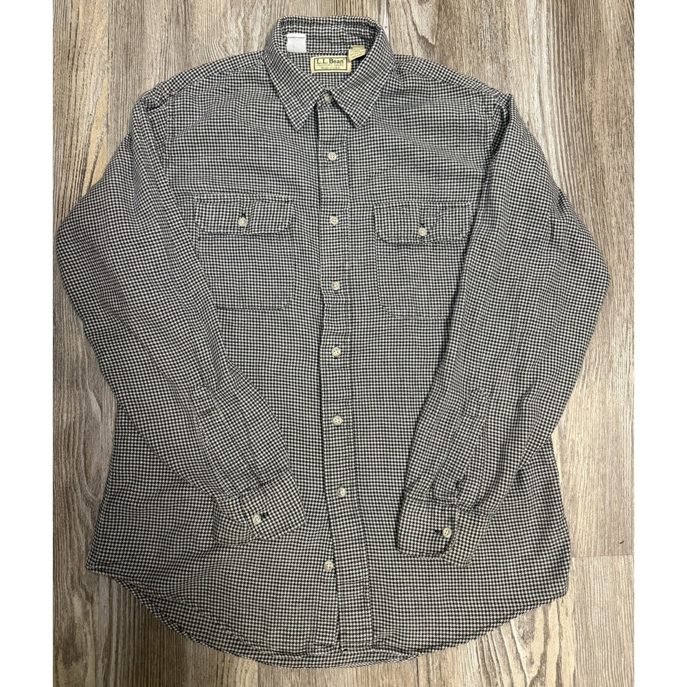 VTG LL Bean Houndstooth Flannel Shirt USA Made Size M Black White